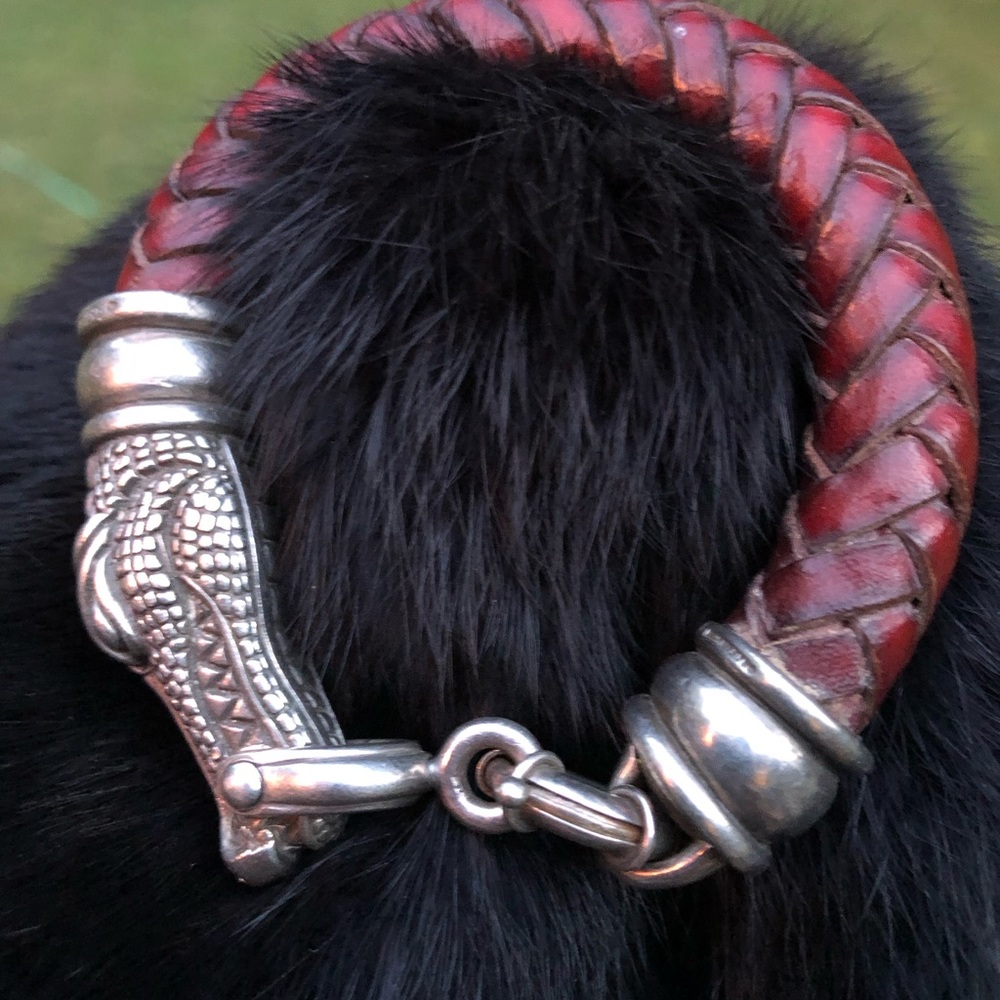 Vintage BARRY KIESELSTEIN-CORD Woven Leather Sterling Silver Alligator Bracelet